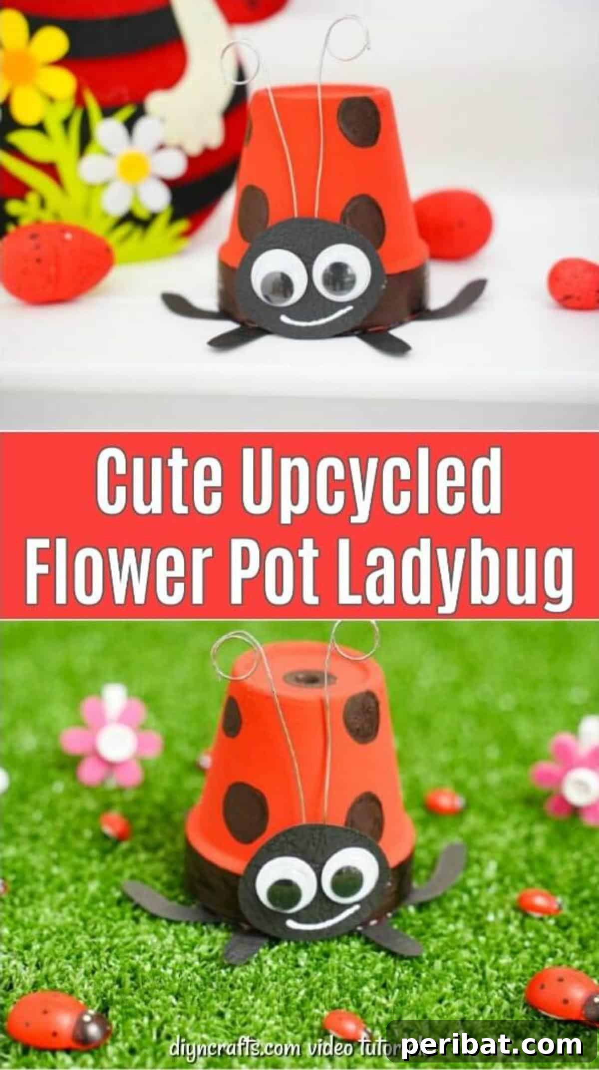Adorable Upcycled Ladybug Planter Craft 2 A charming collage showcasing the upcycled flower pot ladybug craft from different angles.