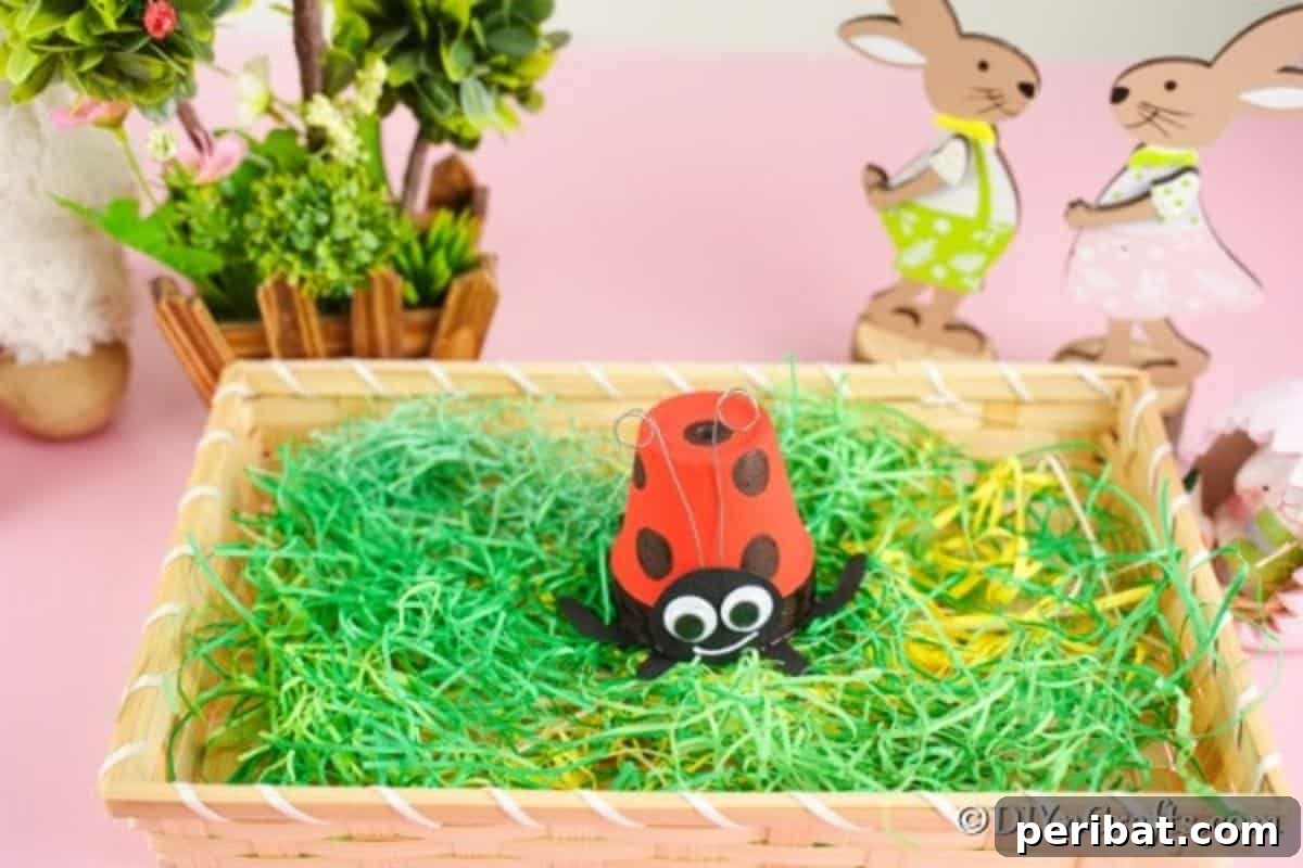 Adorable Upcycled Ladybug Planter Craft 4 The charming ladybug flower pot sitting inside a larger planter filled with lush fake grass, ready for display.