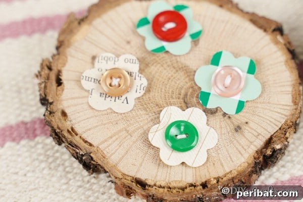 DIY Paper Button Blossoms 11 Close-up of vibrant paper button flowers on a wooden surface