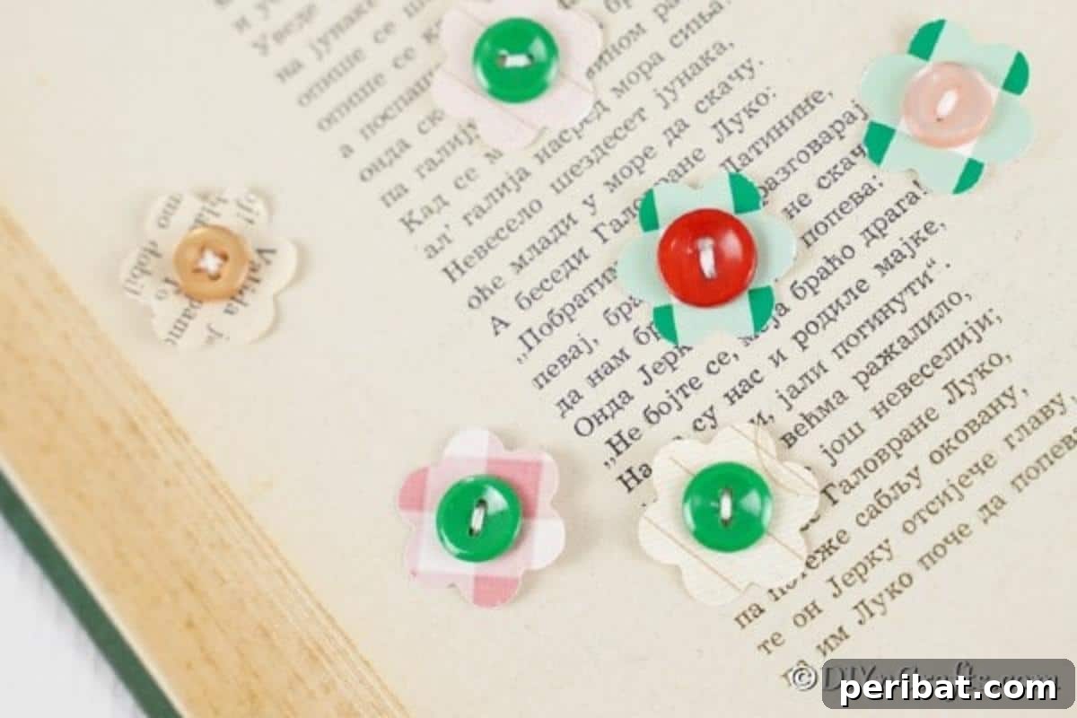DIY Paper Button Blossoms 6 Paper button flowers carefully placed on an open book