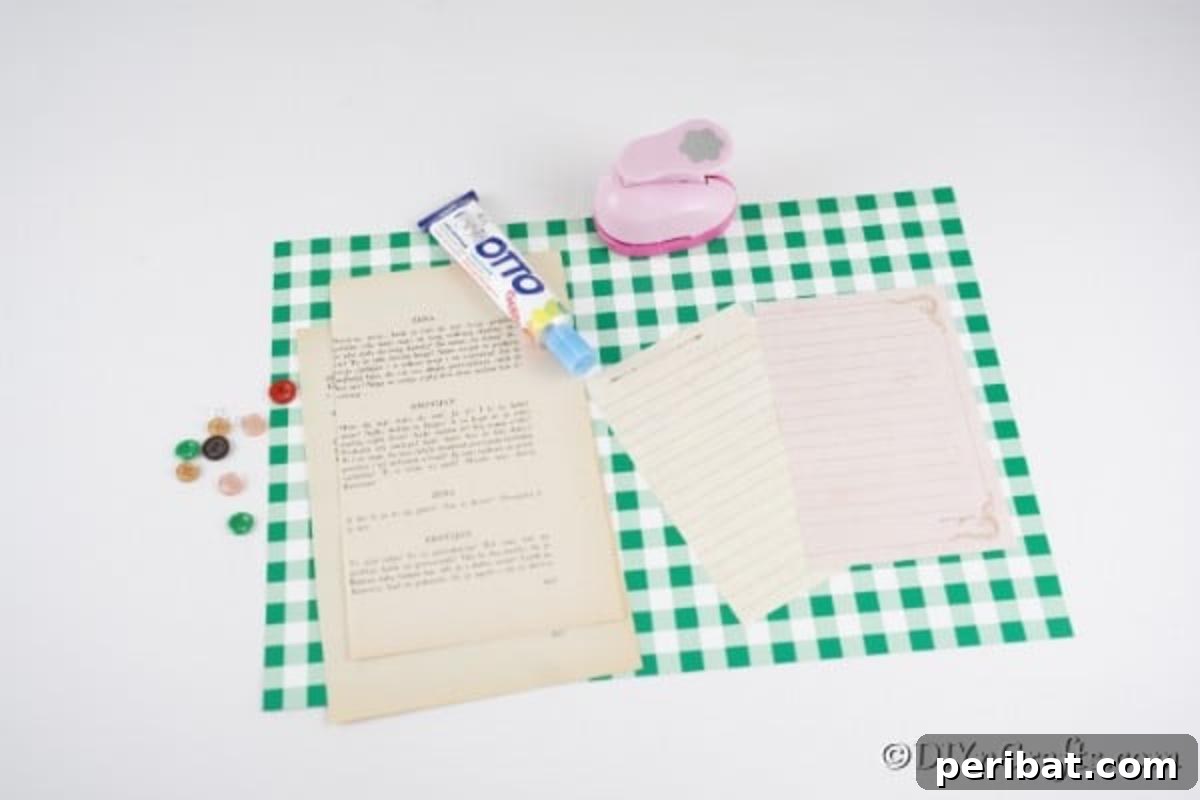 DIY Paper Button Blossoms 7 Array of crafting supplies including paper, buttons, and glue