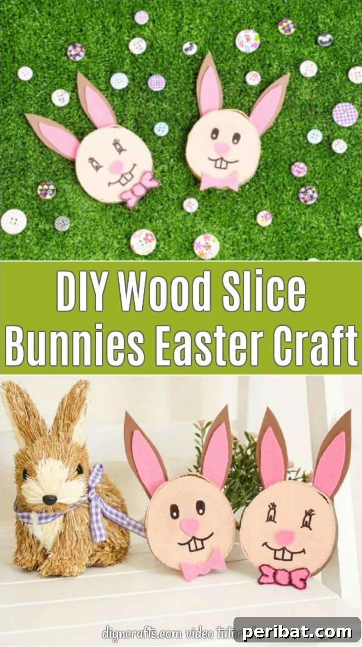 Crafting Whimsical Wood Slice Easter Bunnies 2 Wood slice bunnies collage, featuring two designs of cute Easter bunnies on rustic wood slices.