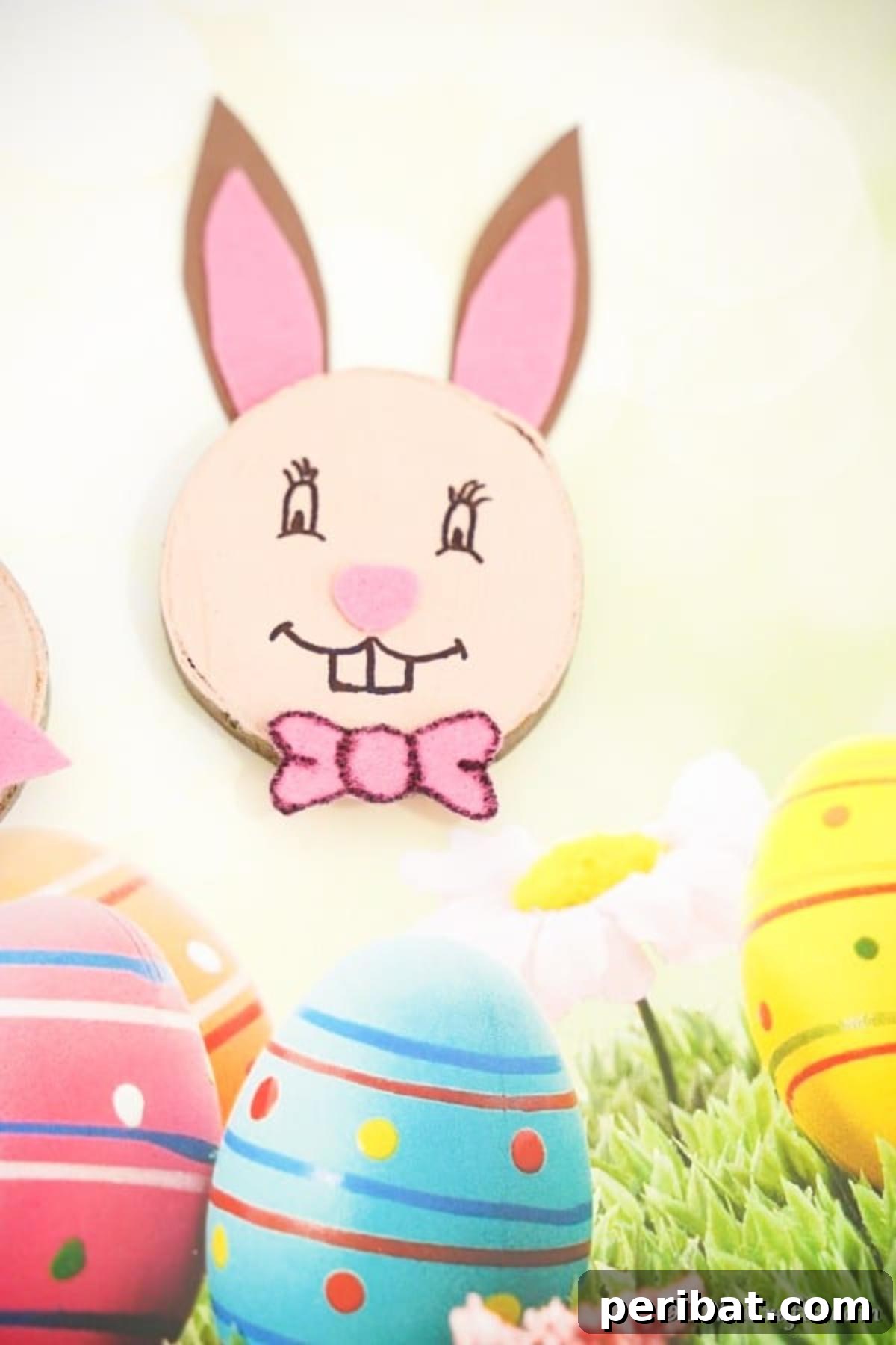 Crafting Whimsical Wood Slice Easter Bunnies 3 Easter bunny wood slice on white surface with Easter eggs, showcasing the handmade charm.