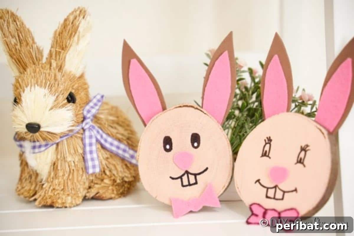 Crafting Whimsical Wood Slice Easter Bunnies 4 Three Easter wood slice bunnies arranged on a white shelf, highlighting their display versatility.