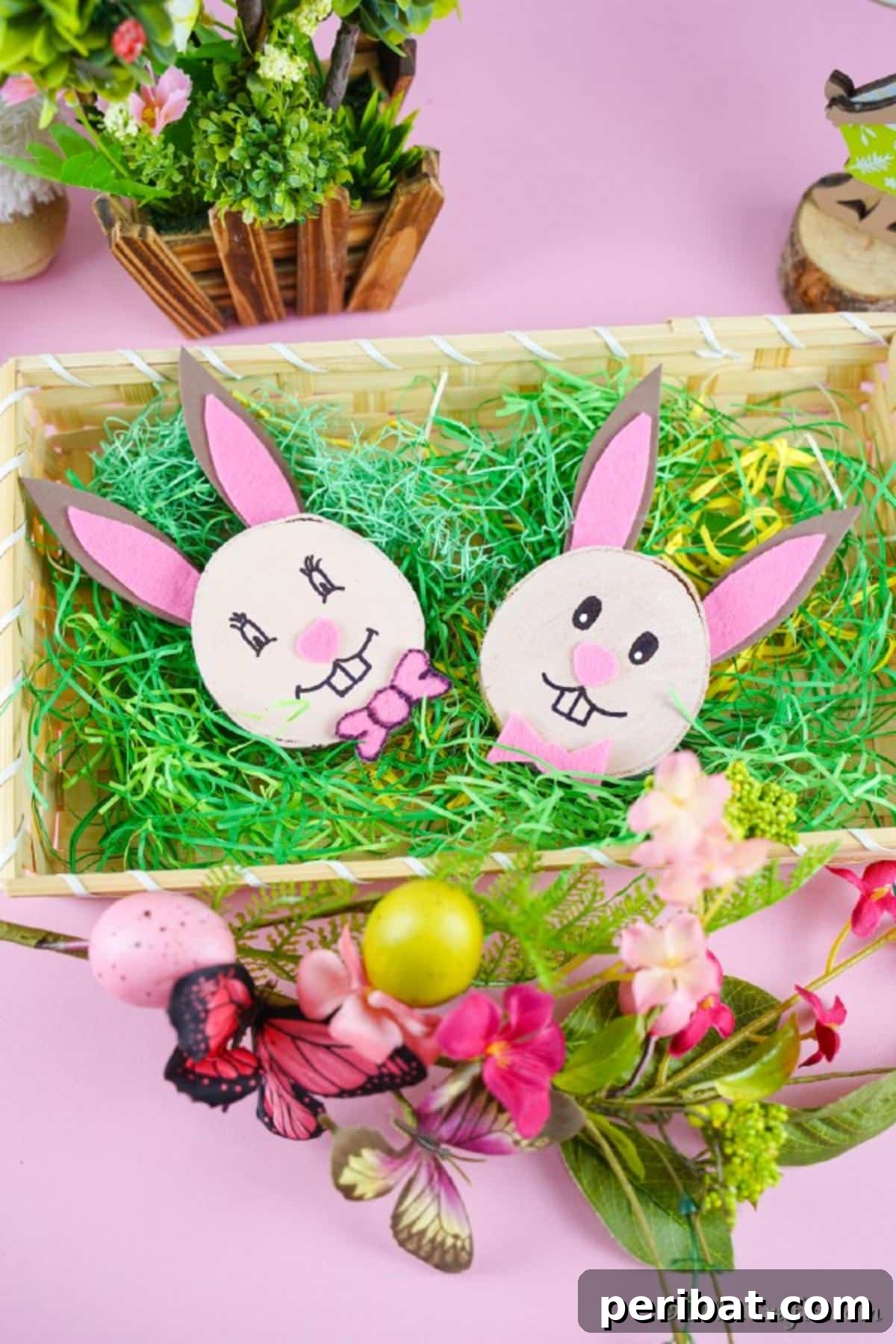 Crafting Whimsical Wood Slice Easter Bunnies 5 Wood slice bunnies displayed in a woven basket with fake grass, illustrating a charming Easter setup.