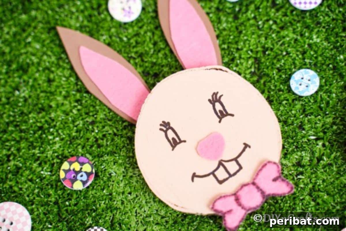 Crafting Whimsical Wood Slice Easter Bunnies 7 Wood slice Easter bunny on fake grass, ready for display.
