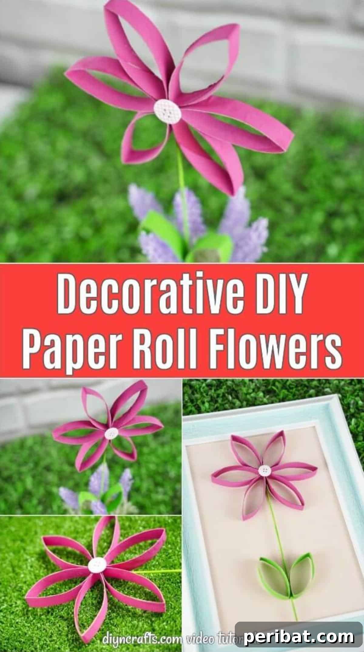 Collage of upcycled toilet paper roll flowers in various settings