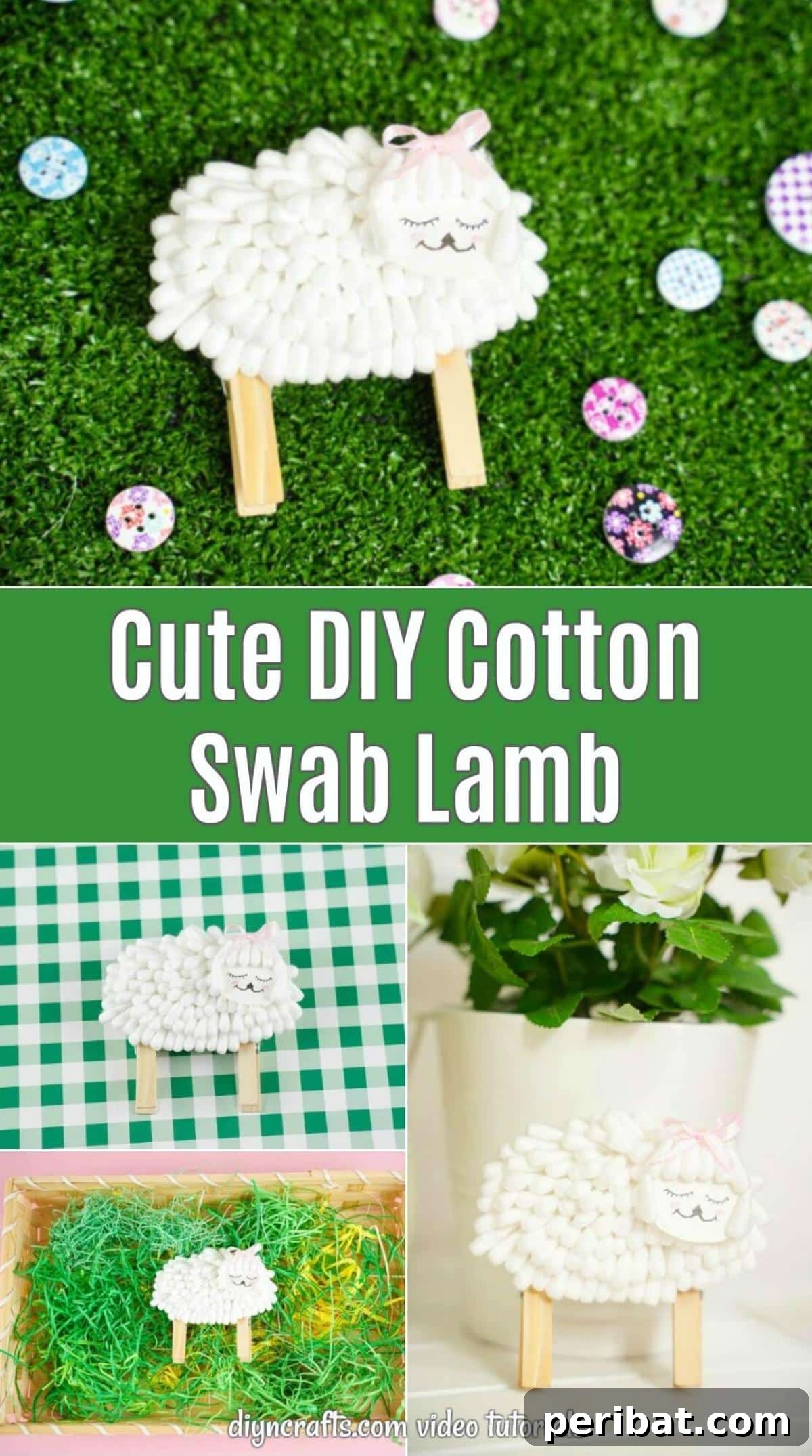 Adorable cotton swab lamb, a perfect spring craft for kids, sitting on a wooden surface.