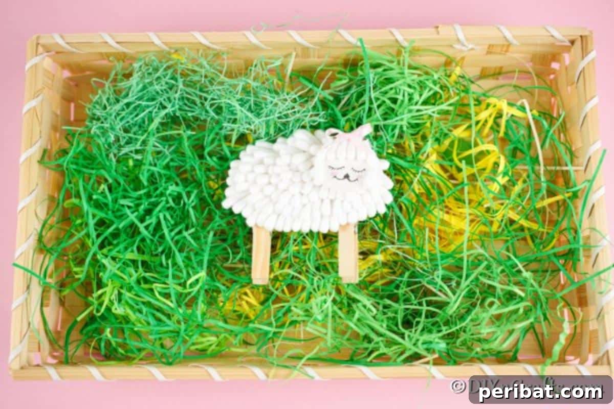 Cute cotton swab lamb resting in a woven basket with artificial green grass, ready for Easter.