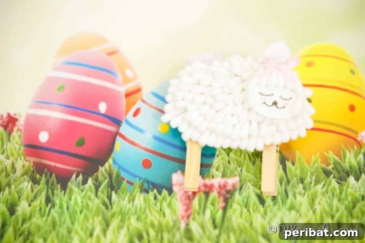 Cotton swab lamb displayed in front of a festive Easter background with colorful eggs and spring flowers.