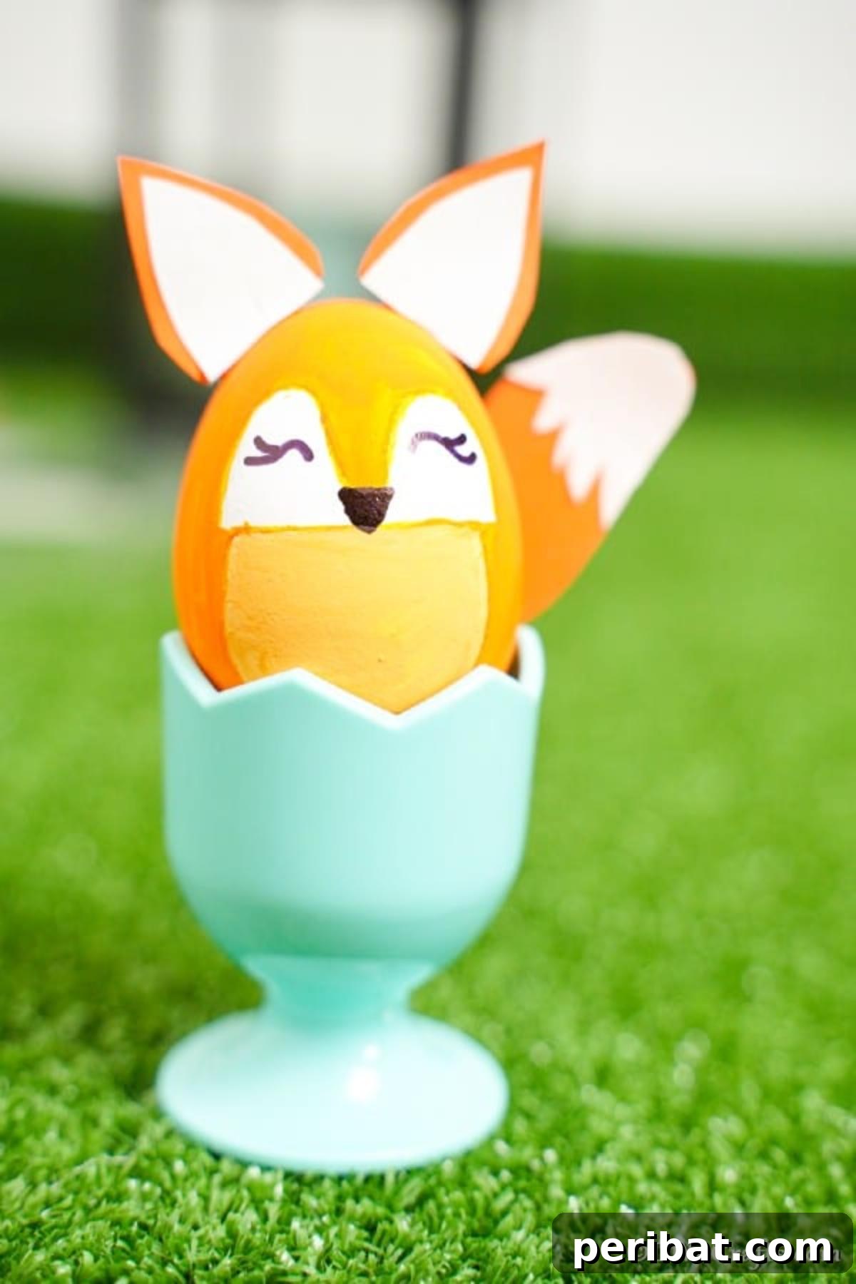 Foxy Fun DIY Easter Egg Project 4 A cute fox Easter egg decoration displayed in a blue egg cup, ready for display or an egg hunt.