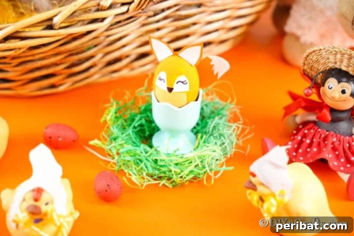 Foxy Fun DIY Easter Egg Project 5 A charming fox Easter egg nestled in a blue egg cup, set against an orange surface.