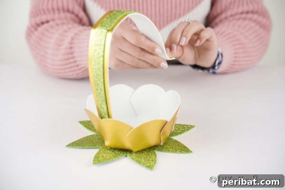 Adorable Mini Easter Basket Craft 19 Gluing the handle inside the Easter egg basket