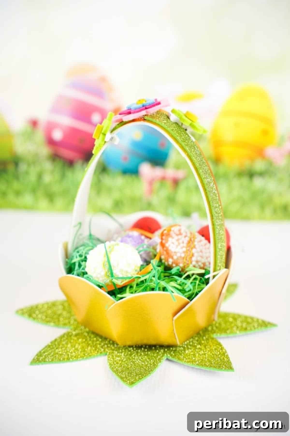 Adorable Mini Easter Basket Craft 21 Finished Easter basket filled with fake grass and treats, set against an Easter-themed background