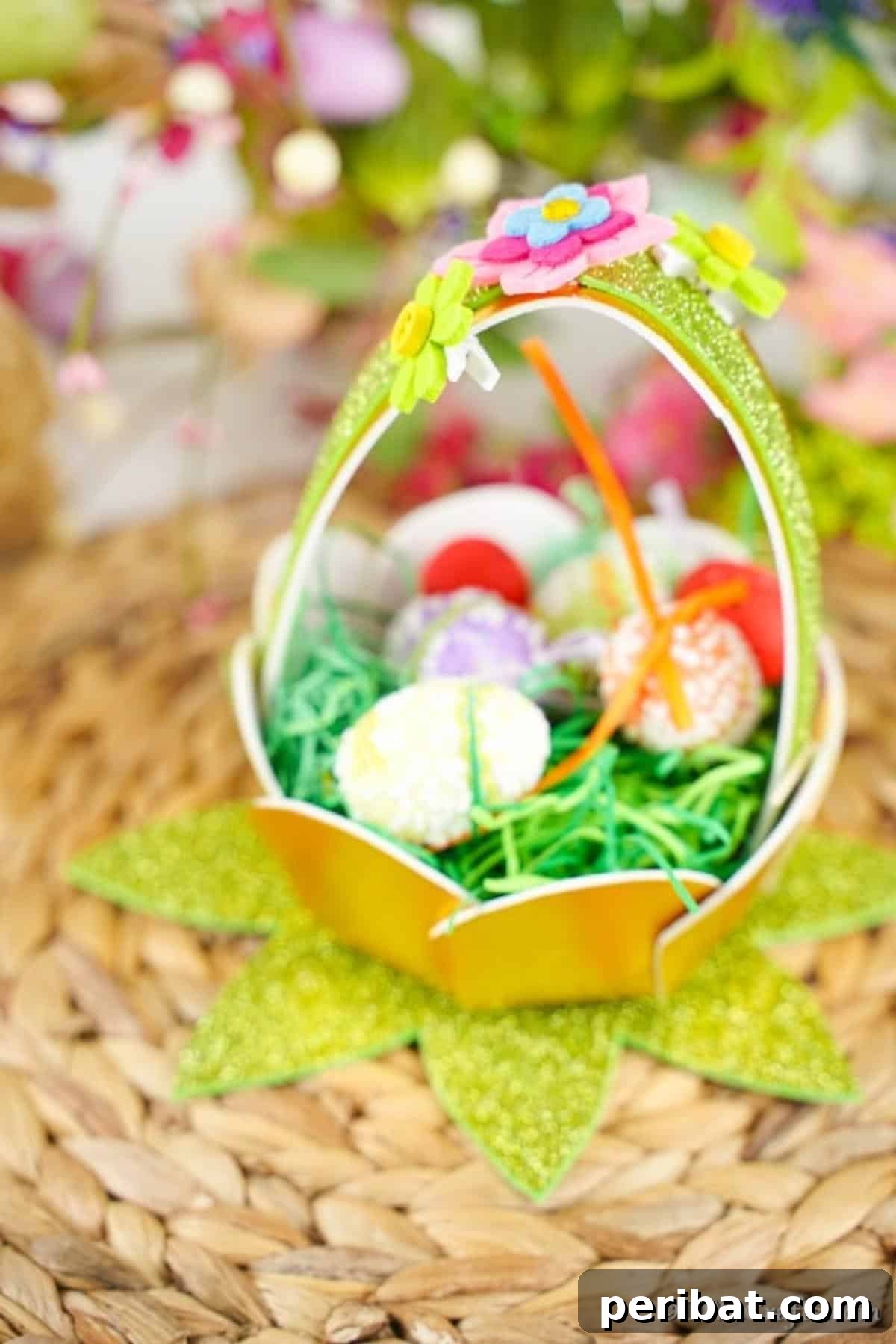 Adorable Mini Easter Basket Craft 4 Glitter-decorated Easter egg basket resting on a woven mat