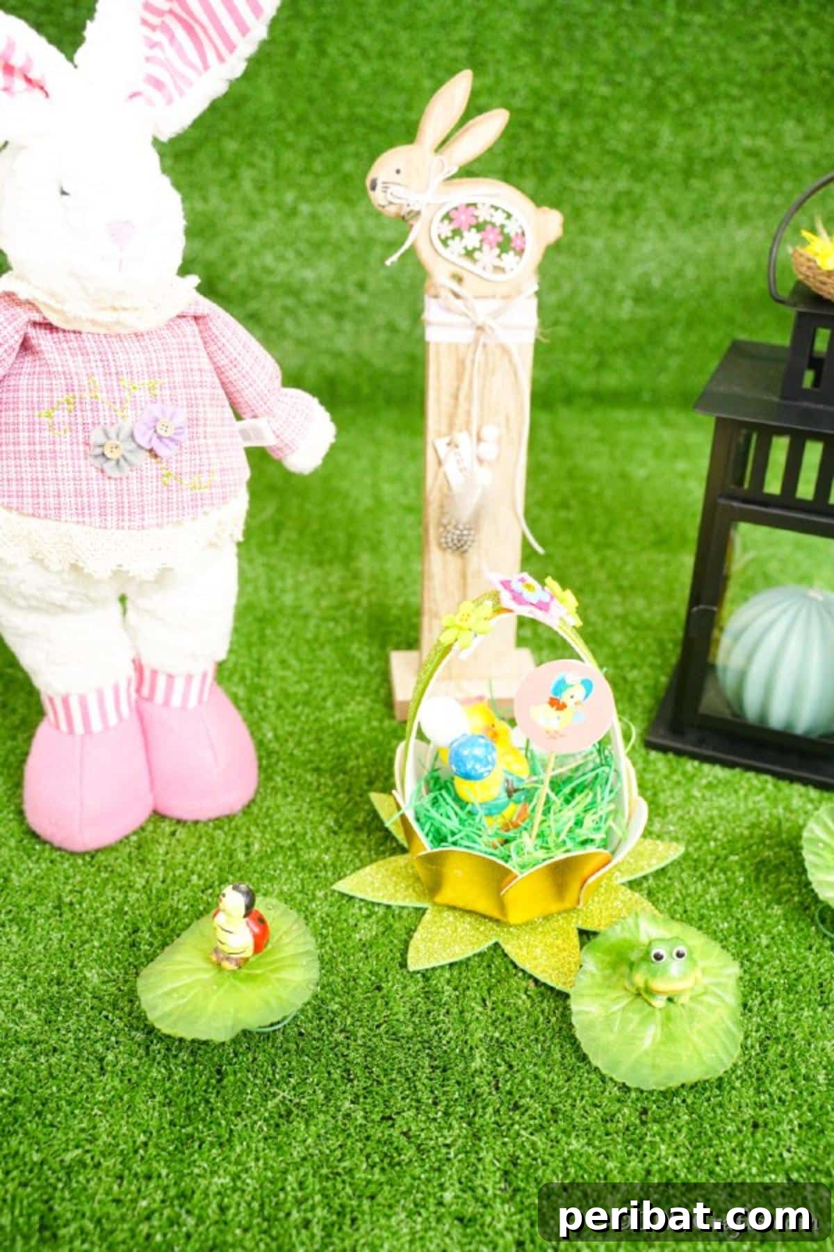 Adorable Mini Easter Basket Craft 22 Decorated mini Easter egg basket resting on green grass next to a bunny toy