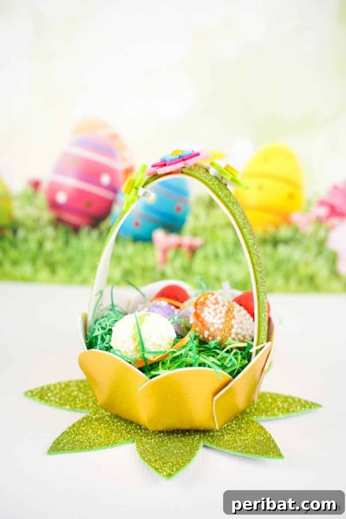 Adorable Mini Easter Basket Craft 24 Mini Easter egg basket displayed in front of a festive Easter background