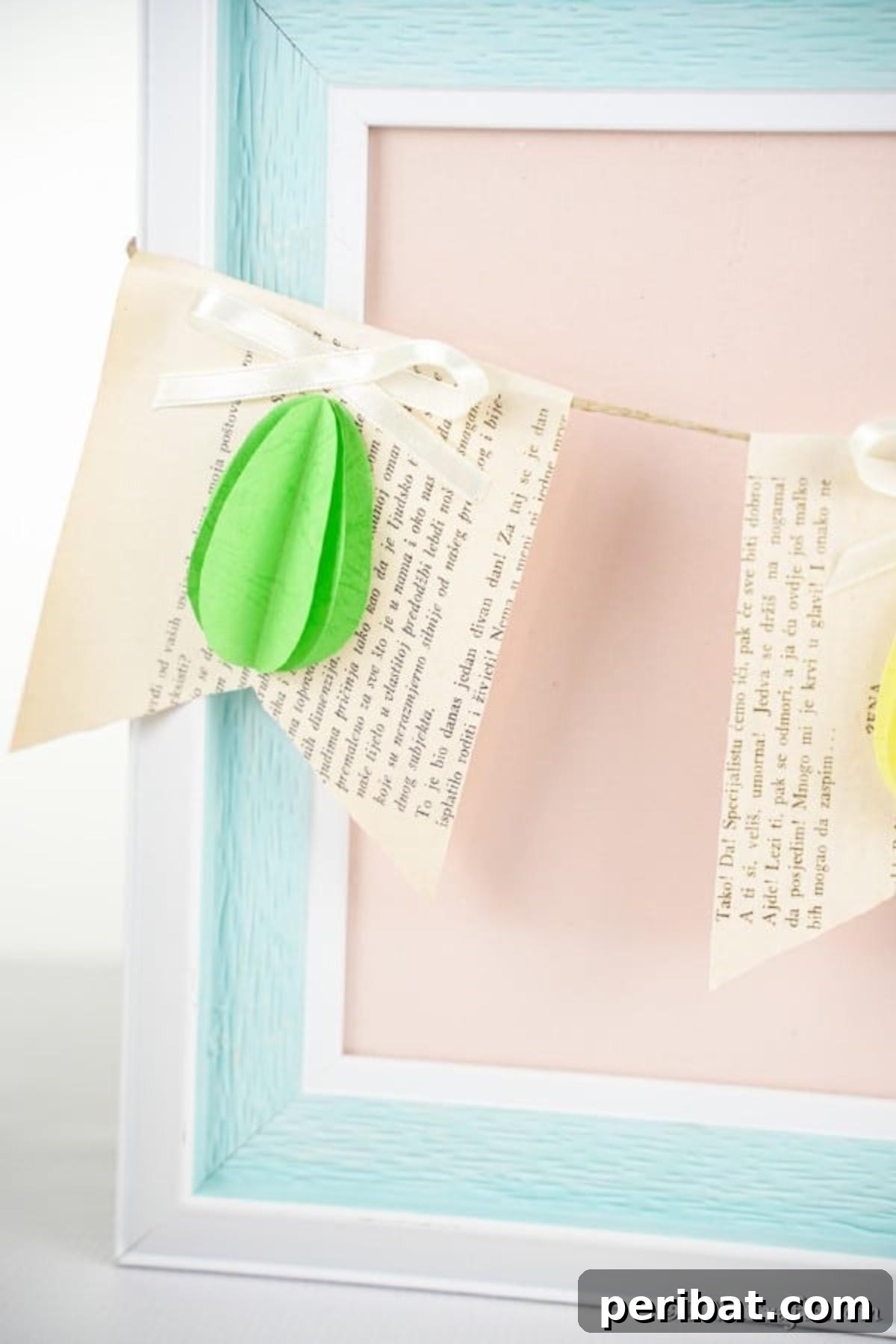 DIY Upcycled Book Page Easter Egg Garland Tutorial 6 Easter egg paper bunting on blue frame