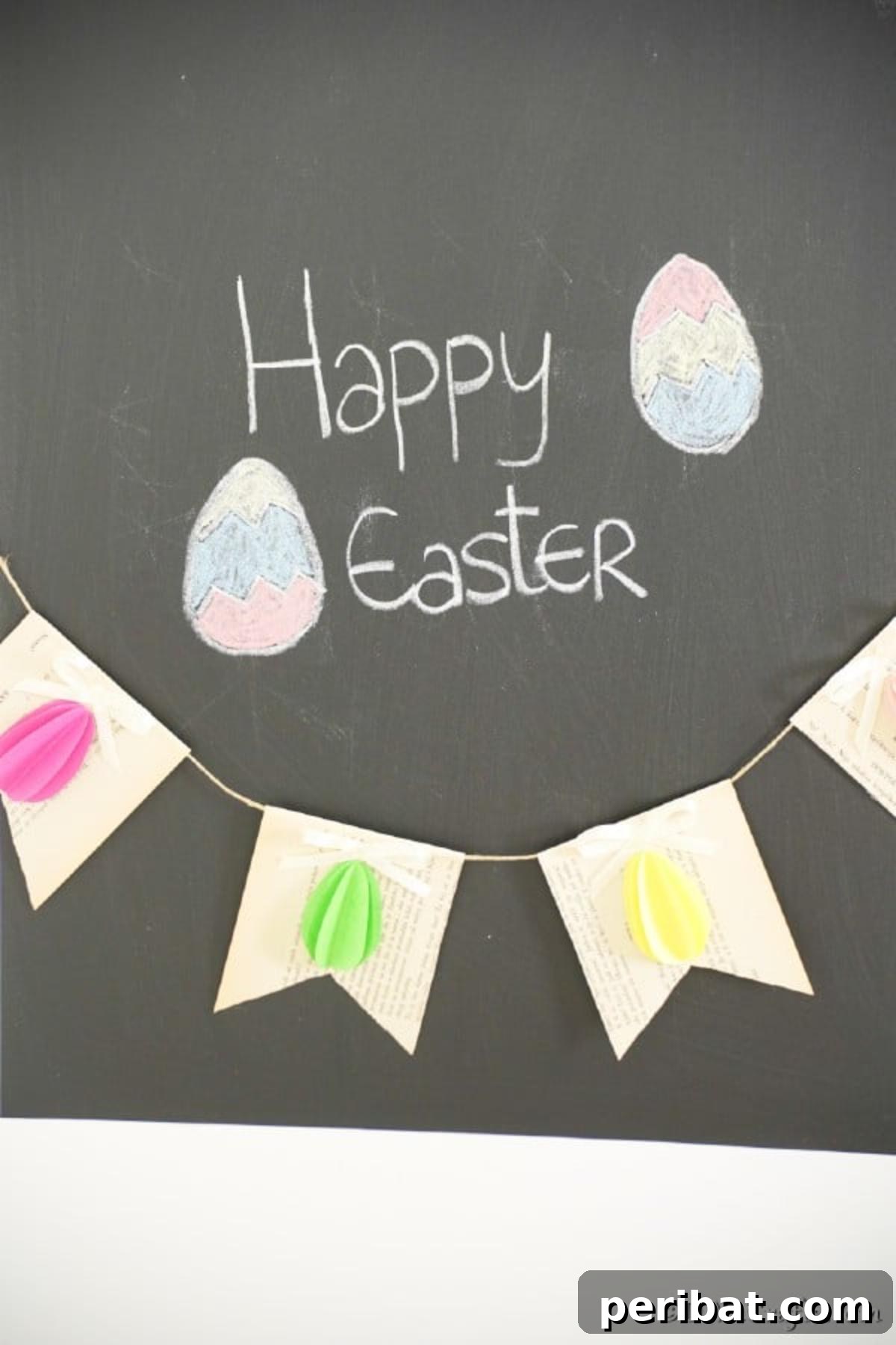 DIY Upcycled Book Page Easter Egg Garland Tutorial 8 3D Easter Egg garland hanging on chalkboard