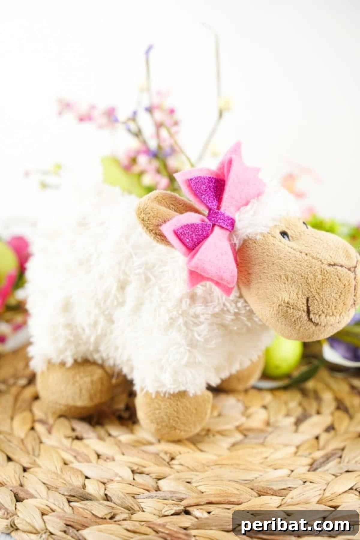 Finished no-sew bow adorning a sheep stuffed animal
