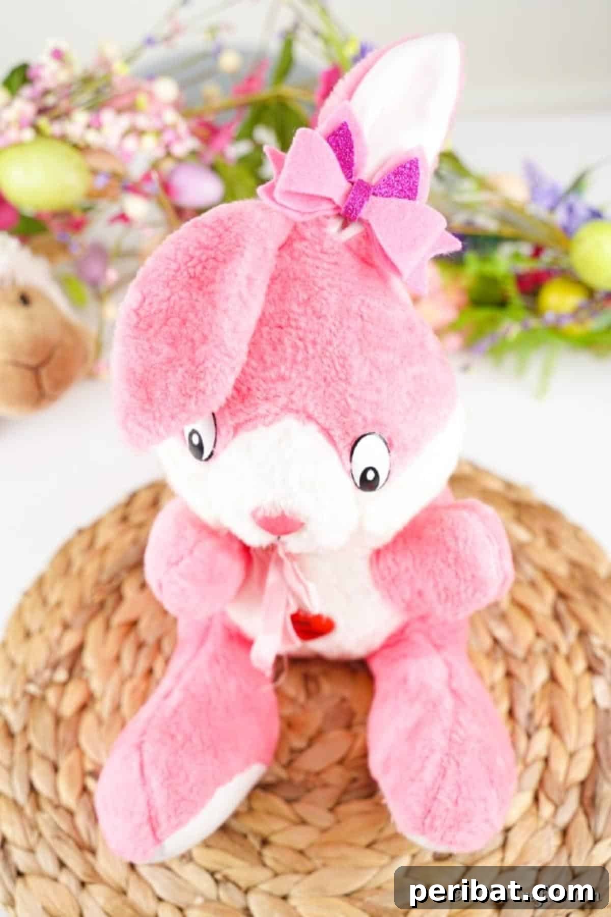 No-sew hair bow adorning a stuffed rabbit