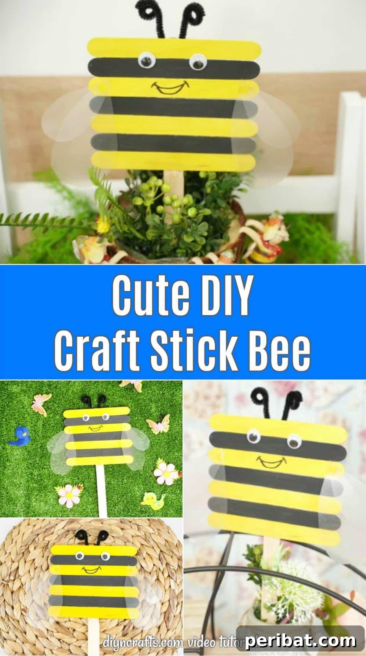 A collage of cute craft stick bees in various settings, showcasing the finished project and its versatility.