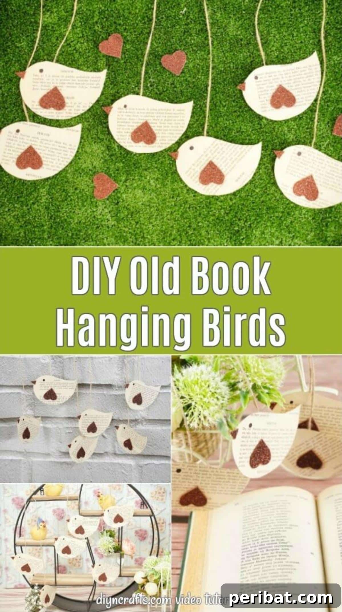 DIY Vintage Book Page Bird Wall Art 2 Book page hanging birds collage displaying various sizes and arrangements of paper birds made from old book pages, suitable for rustic wall decor.