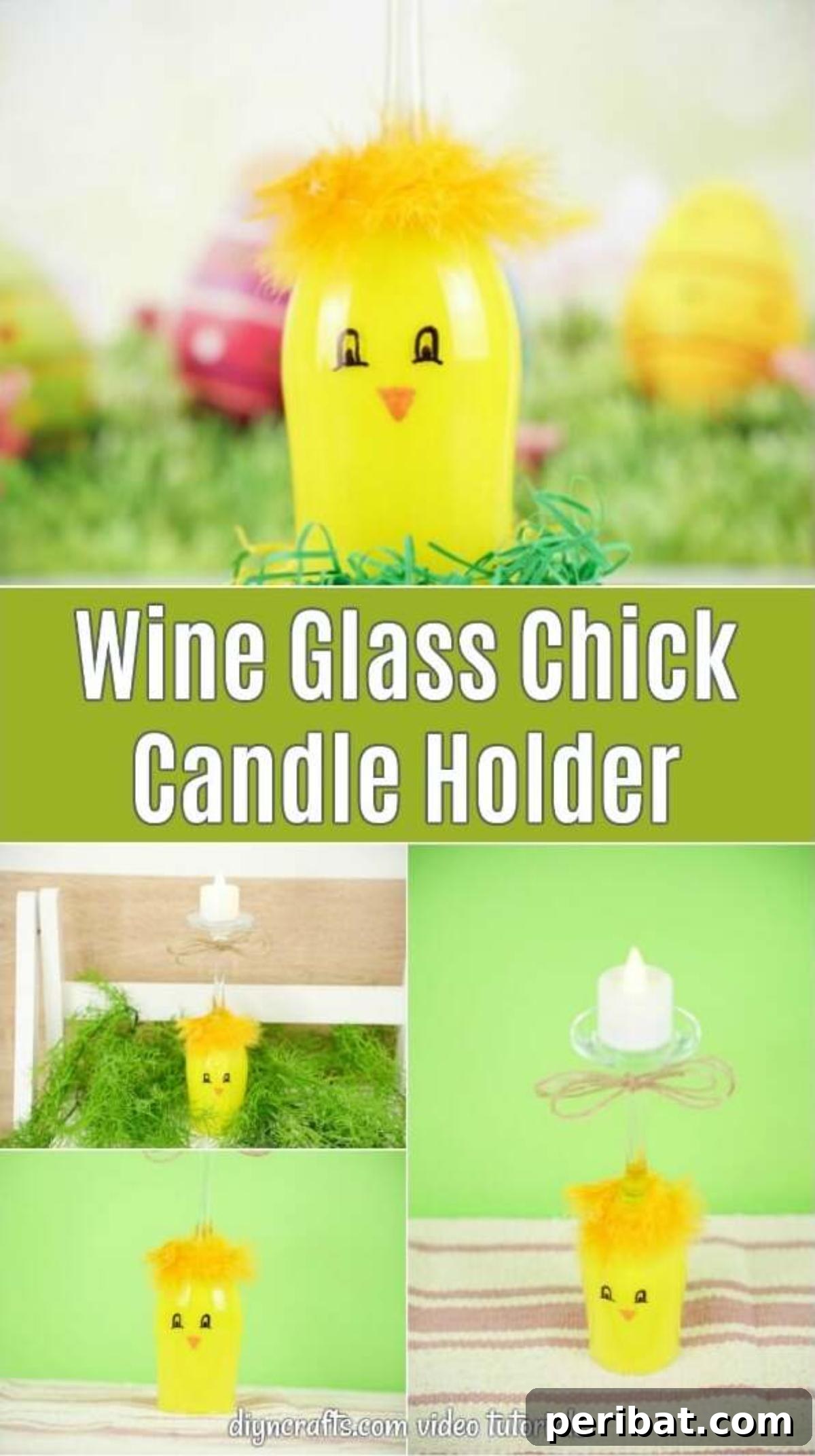Adorable DIY Chick Wine Glass Luminary 2 Yellow painted wine glass chick candle holder with a subtle glow, ready for Easter celebrations.