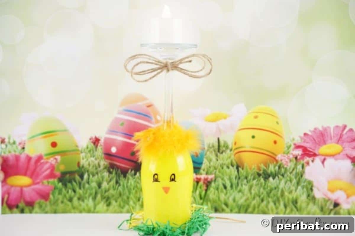 Adorable DIY Chick Wine Glass Luminary 4 A cheerful wine glass chick candle holder positioned against a festive Easter background, showcasing its decorative appeal.