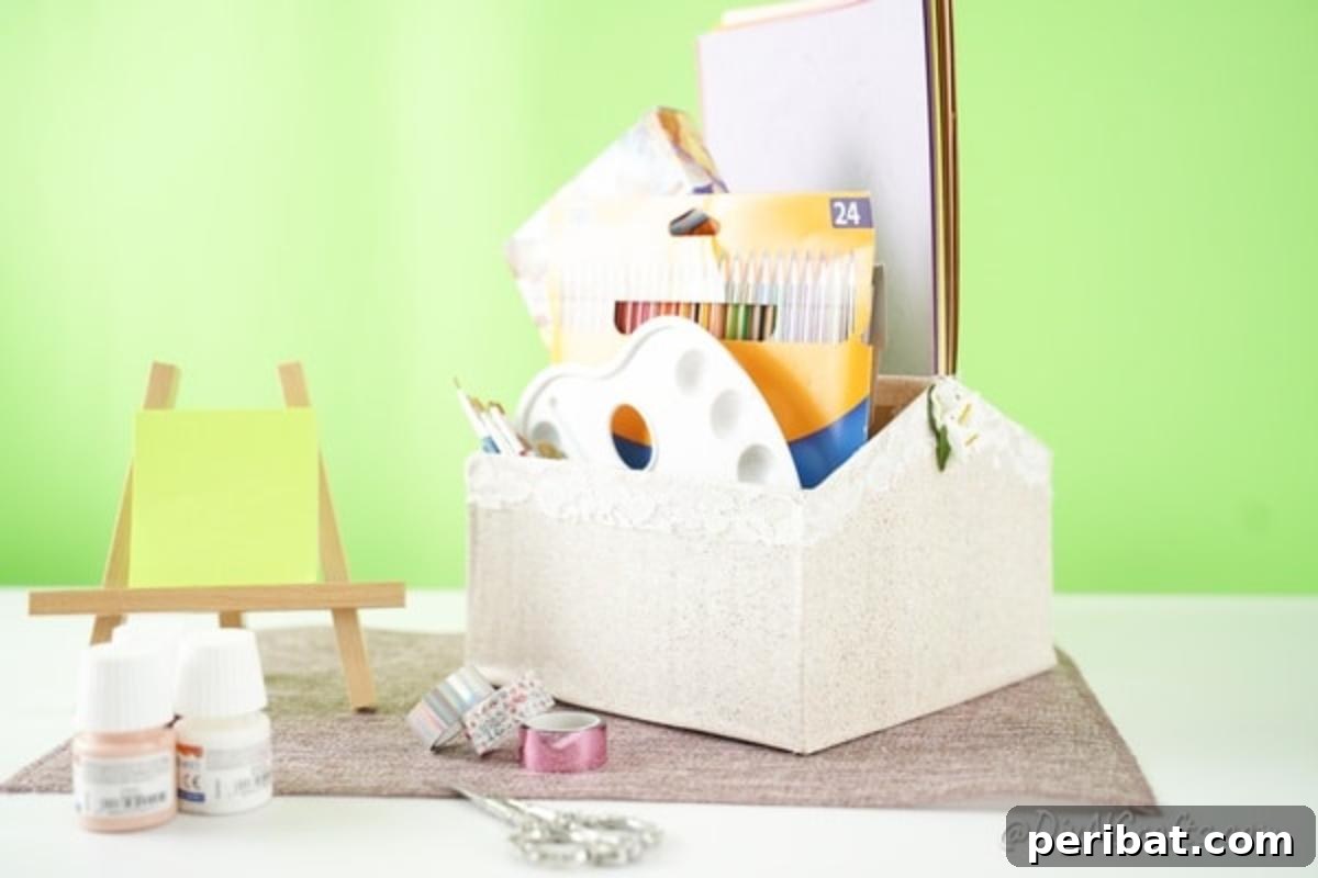 Charming Repurposed Cardboard Organizer 6 Cardboard organizer box brimming with colorful craft and school supplies, ready for creative projects and learning
