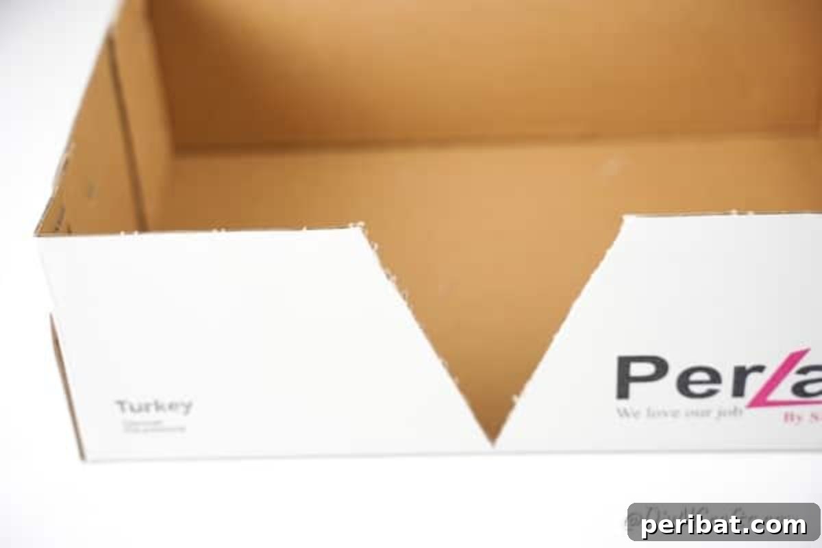 Charming Repurposed Cardboard Organizer 10 Image displaying the trimmed cardboard box with clean V-shaped openings, ready for the next step