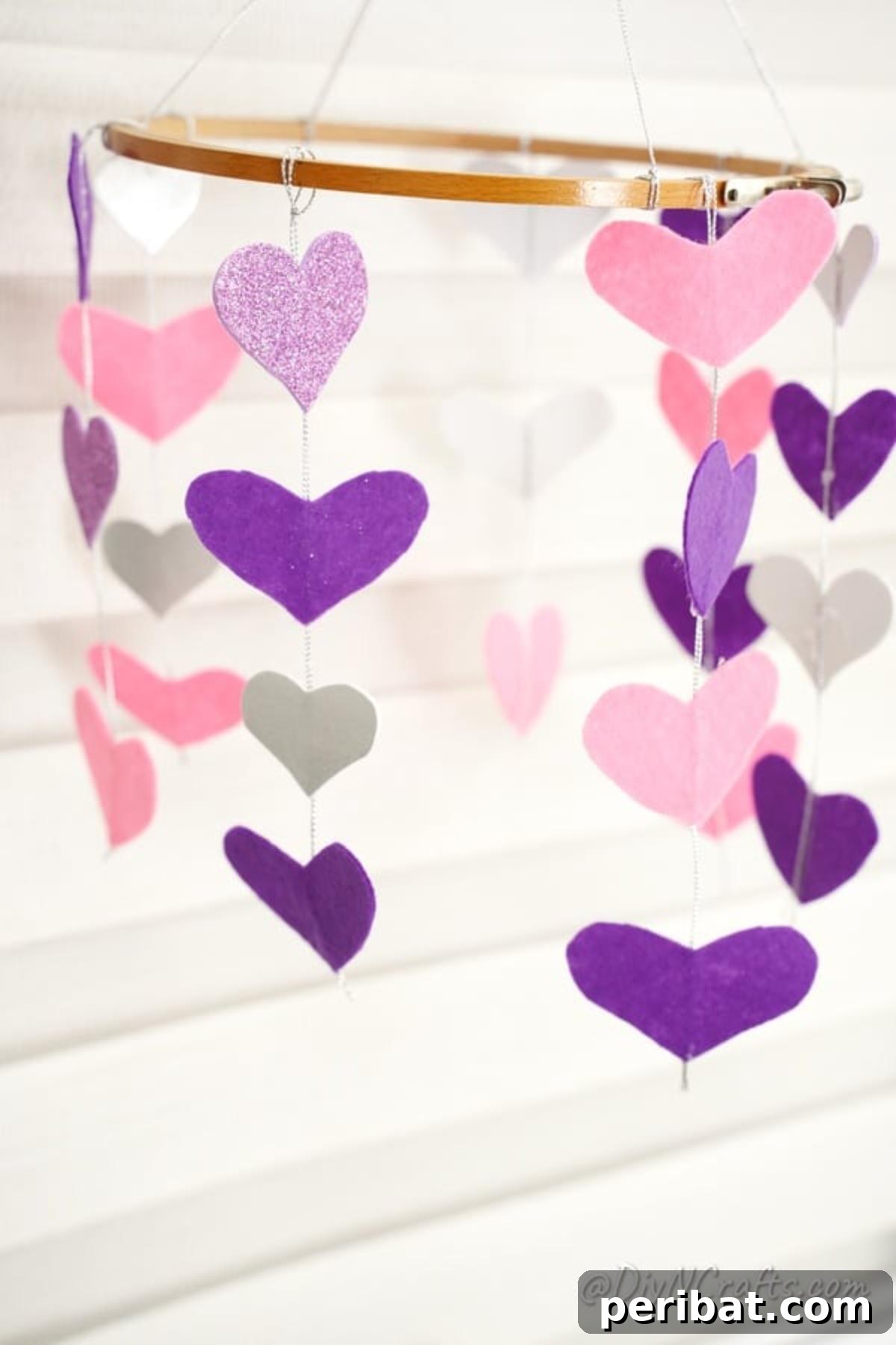 Whimsical Valentine Heart Mobile 6 Hanging mobile against white wall