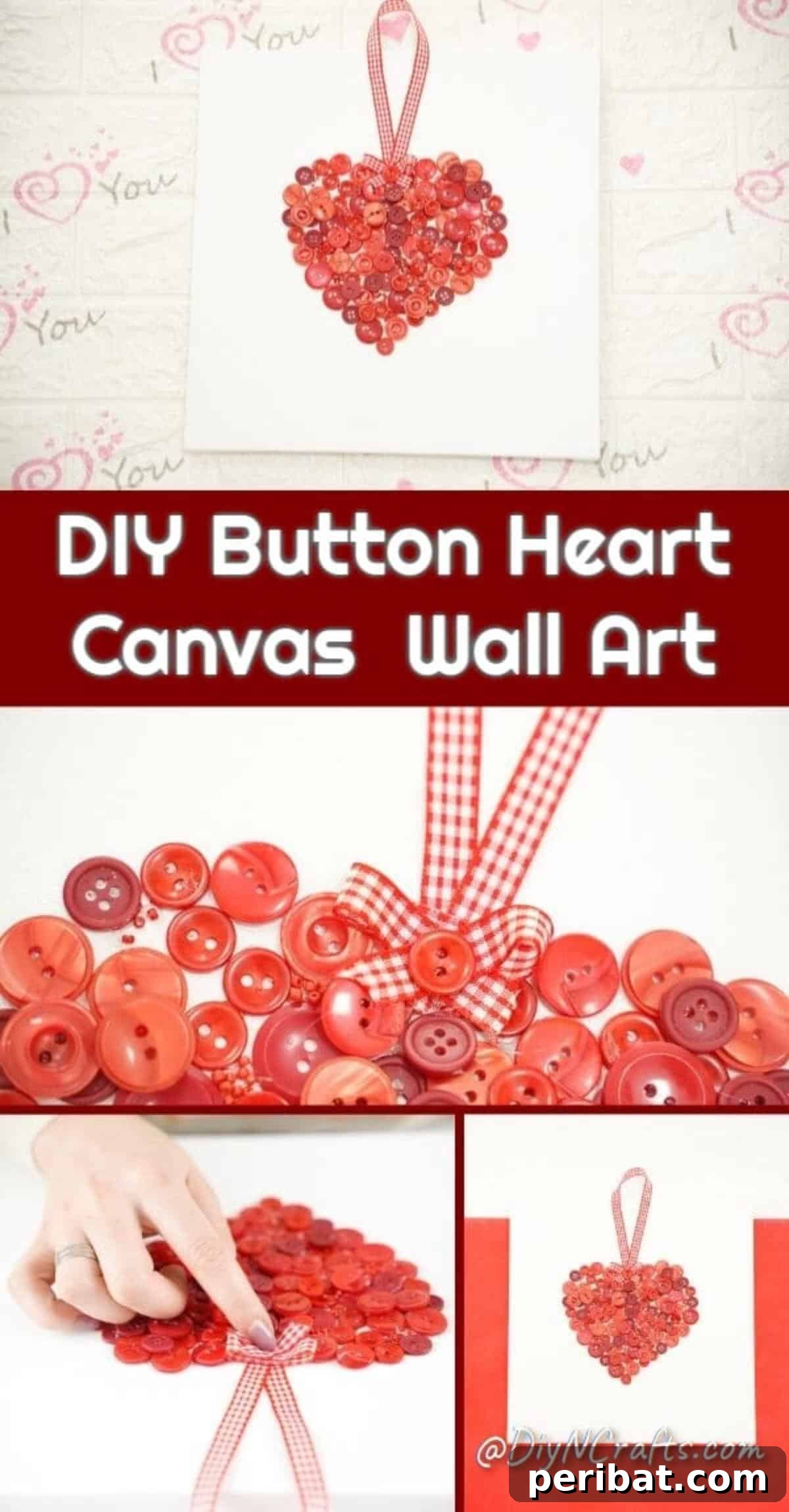 Charming Button Heart Canvas Decor 2 Collage of button heart canvas art, showcasing various stages of creation and the final piece on display.