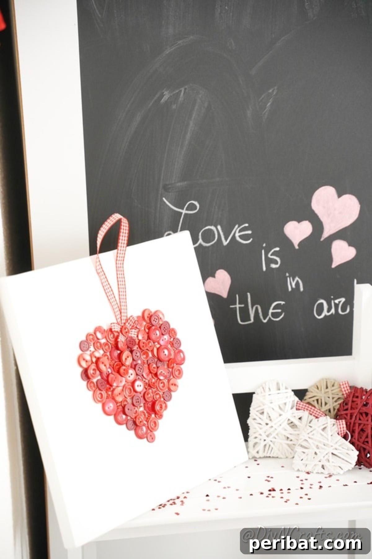 Charming Button Heart Canvas Decor 3 Close-up of a finished Button Heart Canvas, leaning against a rustic chalkboard for a charming display.