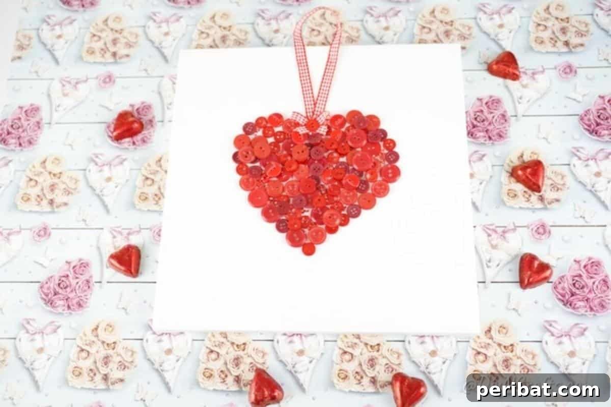 Charming Button Heart Canvas Decor 5 A completed button heart canvas art piece elegantly displayed on a Valentine's themed paper table, ready for gifting or decoration.