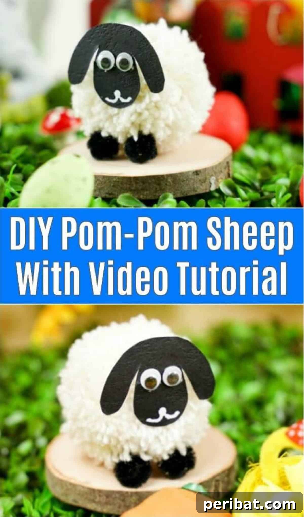 Fluffy Pom-Pom Sheep: A DIY Video Craft Guide 2 Delightful yarn pom pom sheep standing on a rustic wood slice, surrounded by festive Easter decorations like mini eggs and soft moss, capturing the essence of spring crafting.