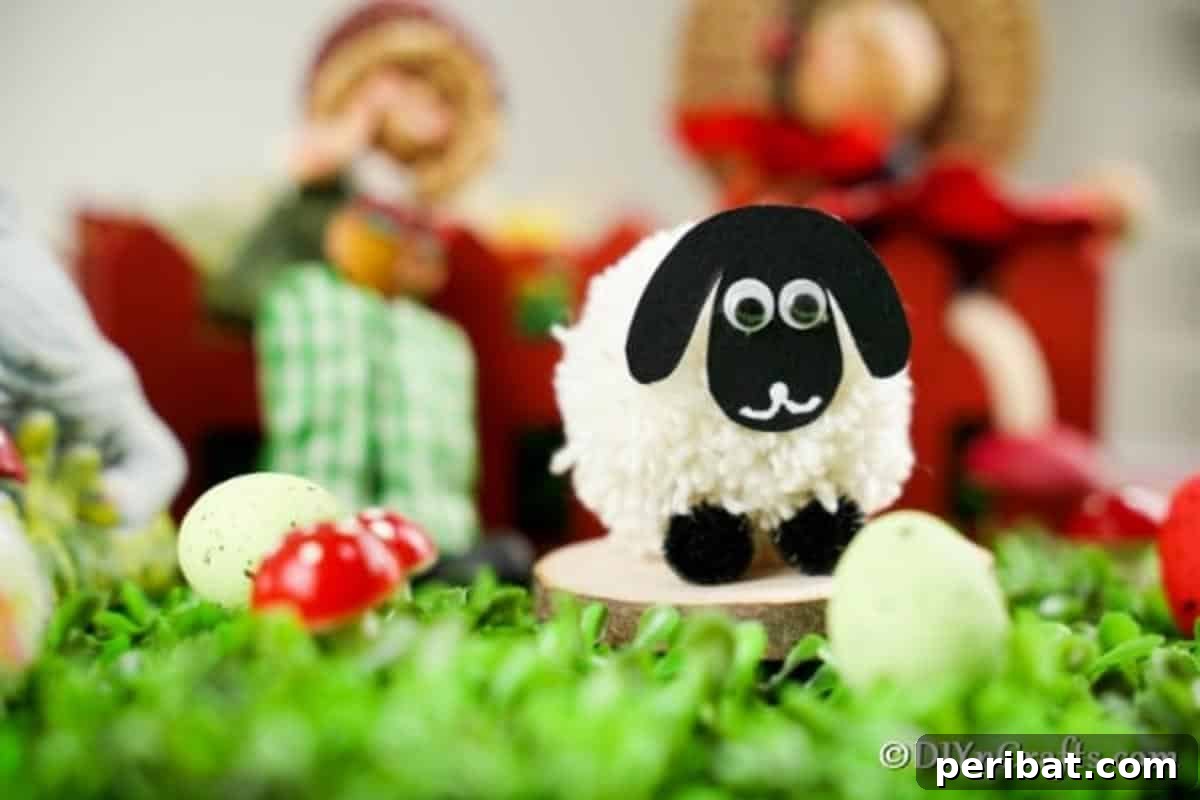 Fluffy Pom-Pom Sheep: A DIY Video Craft Guide 15 A finished adorable pom pom sheep craft standing proudly on a round wooden slice, with a soft red backdrop, highlighting its readiness as a delightful Easter decoration.