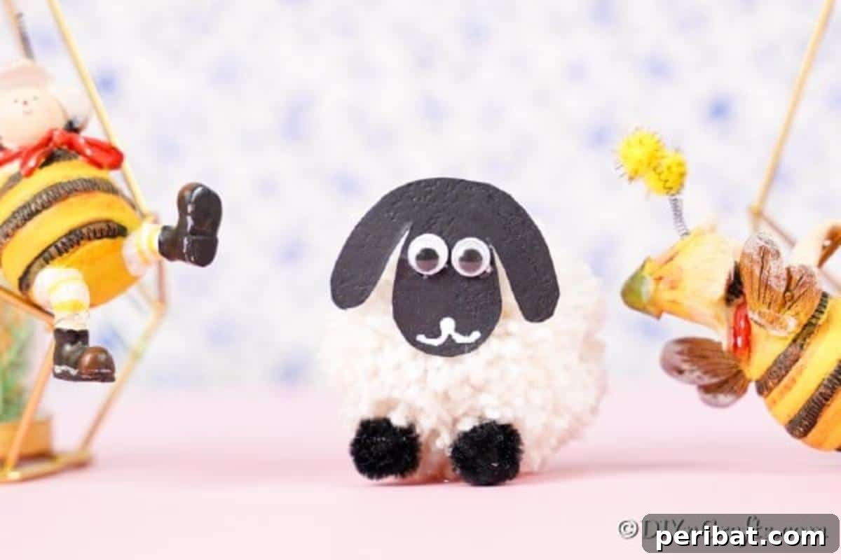 Fluffy Pom-Pom Sheep: A DIY Video Craft Guide 3 A charming close-up of a handmade pom pom sheep, featuring googly eyes and a friendly drawn smile, resting on a soft pink surface with a delicate floral background, ideal for Easter decor.