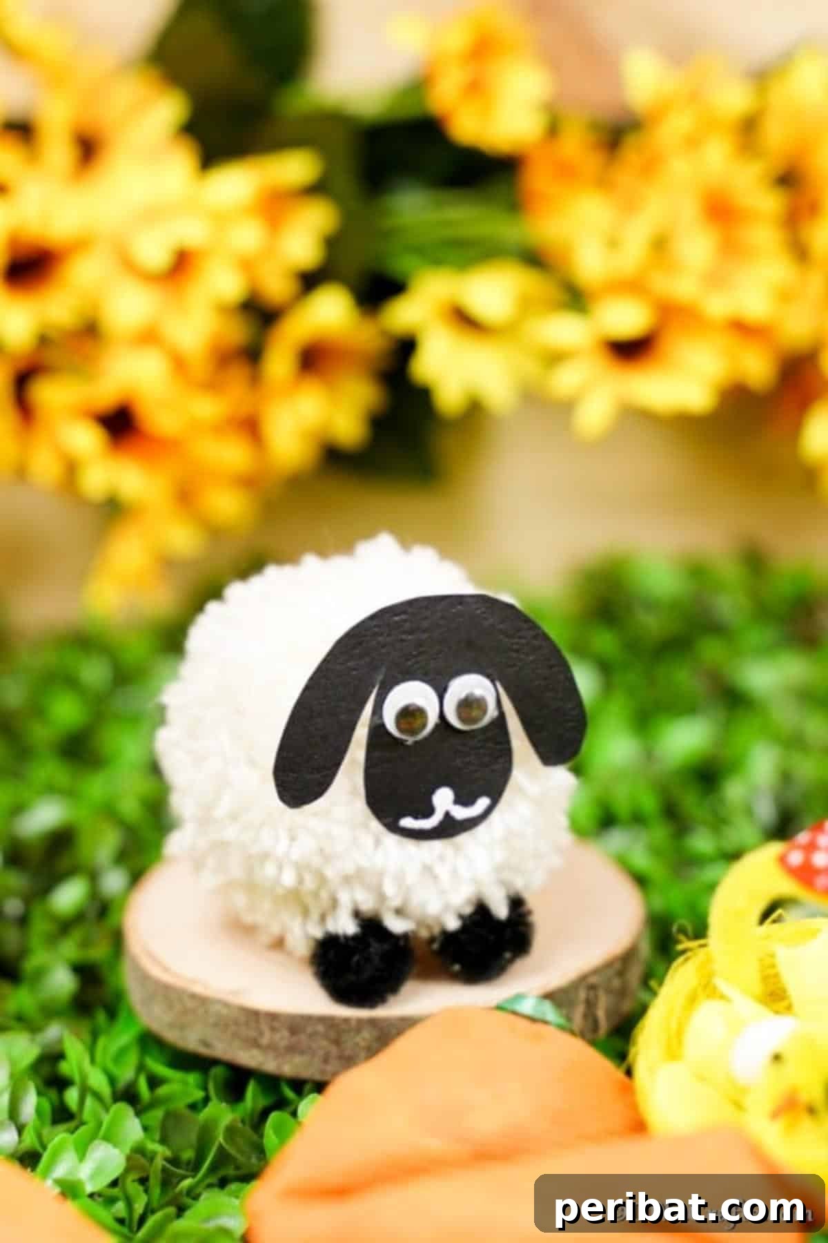 Fluffy Pom-Pom Sheep: A DIY Video Craft Guide 5 Three cute pom pom sheep crafts arranged on a wooden slice amidst miniature Easter eggs and artificial grass, showcasing a delightful Easter scene perfect for festive decorating.
