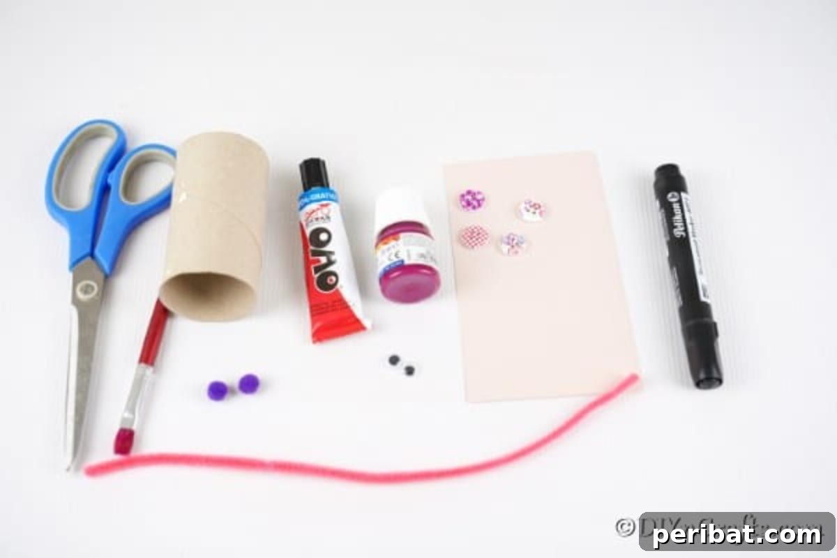 Craft supplies for making a paper roll butterfly, including paint, buttons, googly eyes, and pipe cleaners