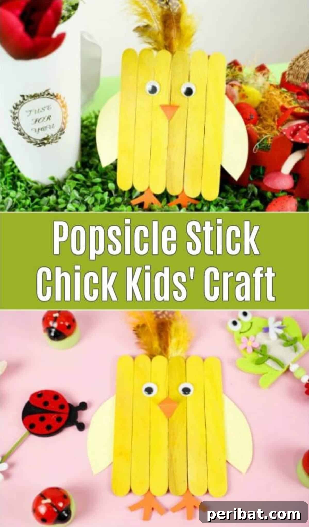 Colorful Craft Stick Chicken Painting 2 Delightful popsicle stick chicken decoration nestled in fresh green grass, ready for spring and Easter.
