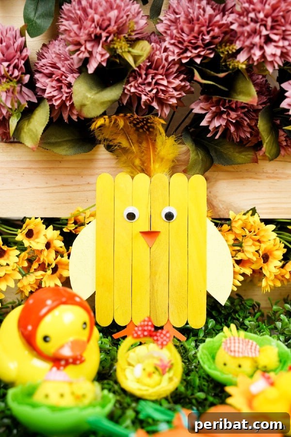 Colorful Craft Stick Chicken Painting 27 The completed popsicle stick chicken craft on display.
