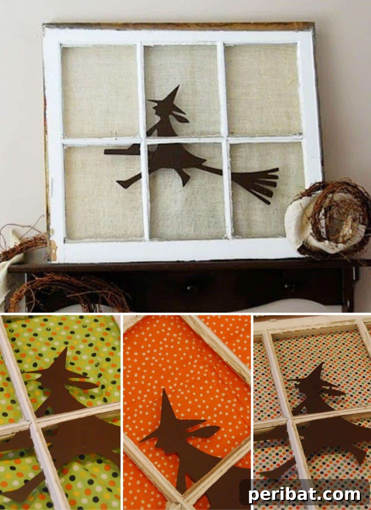 DIY Halloween: Craft Spine-Chilling Decor & Masterful Scares 14 A silhouetted flying witch decoration placed in an old rustic window frame for Halloween.