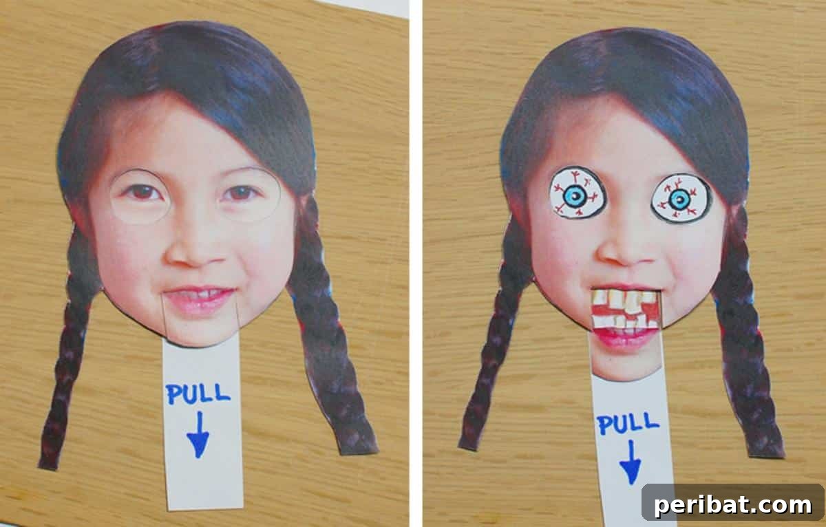 DIY Halloween: Craft Spine-Chilling Decor & Masterful Scares 17 A child wearing a freaky face-changer mask for Halloween, made from cardstock.
