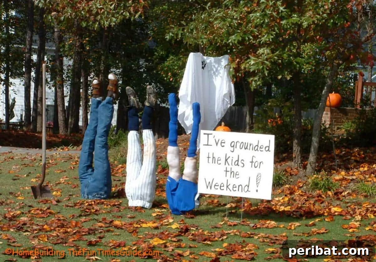 DIY Halloween: Craft Spine-Chilling Decor & Masterful Scares 19 A humorous outdoor Halloween decoration featuring 'grounded' kids partially buried in the yard.