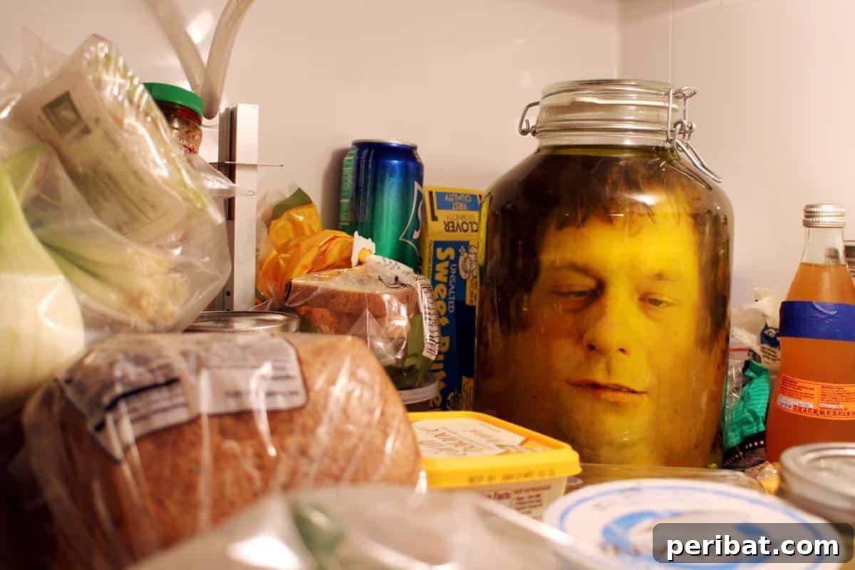 DIY Halloween: Craft Spine-Chilling Decor & Masterful Scares 3 A realistic pickled face in a jar, placed inside a refrigerator for a scary Halloween prank.