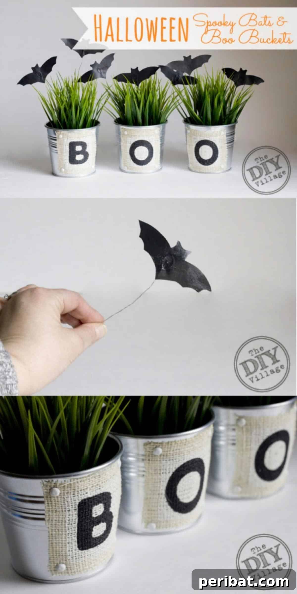 DIY Halloween: Craft Spine-Chilling Decor & Masterful Scares 5 Small decorative buckets spelling 'BOO' with bat cutouts, suitable for a Halloween display.