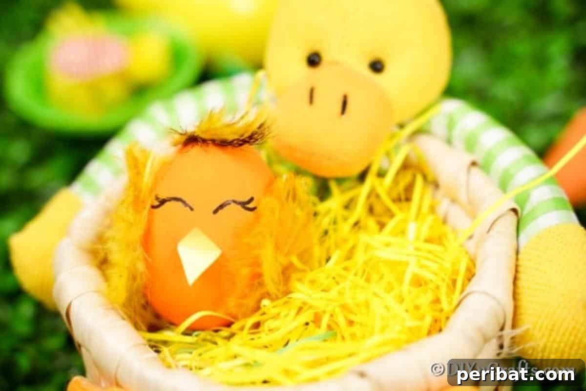 Craft Adorable Easter Egg Chickens A Step by Step Video Guide 3 An Easter egg chicken craft sitting in a decorative chicken-shaped bowl, ready for display