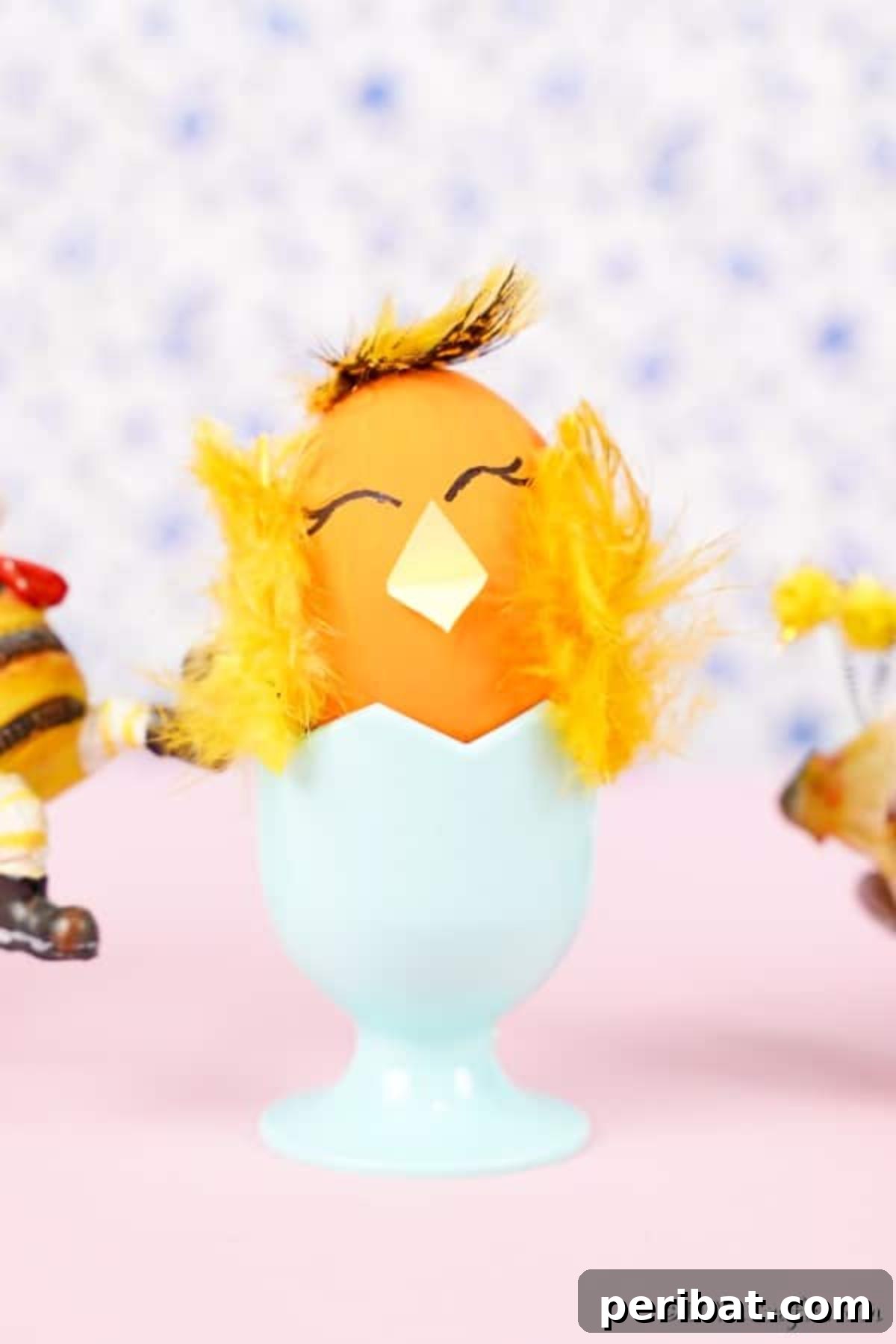 Craft Adorable Easter Egg Chickens A Step by Step Video Guide 5 A finished Easter egg chick craft sitting in a vibrant blue egg cup on a pink kitchen counter