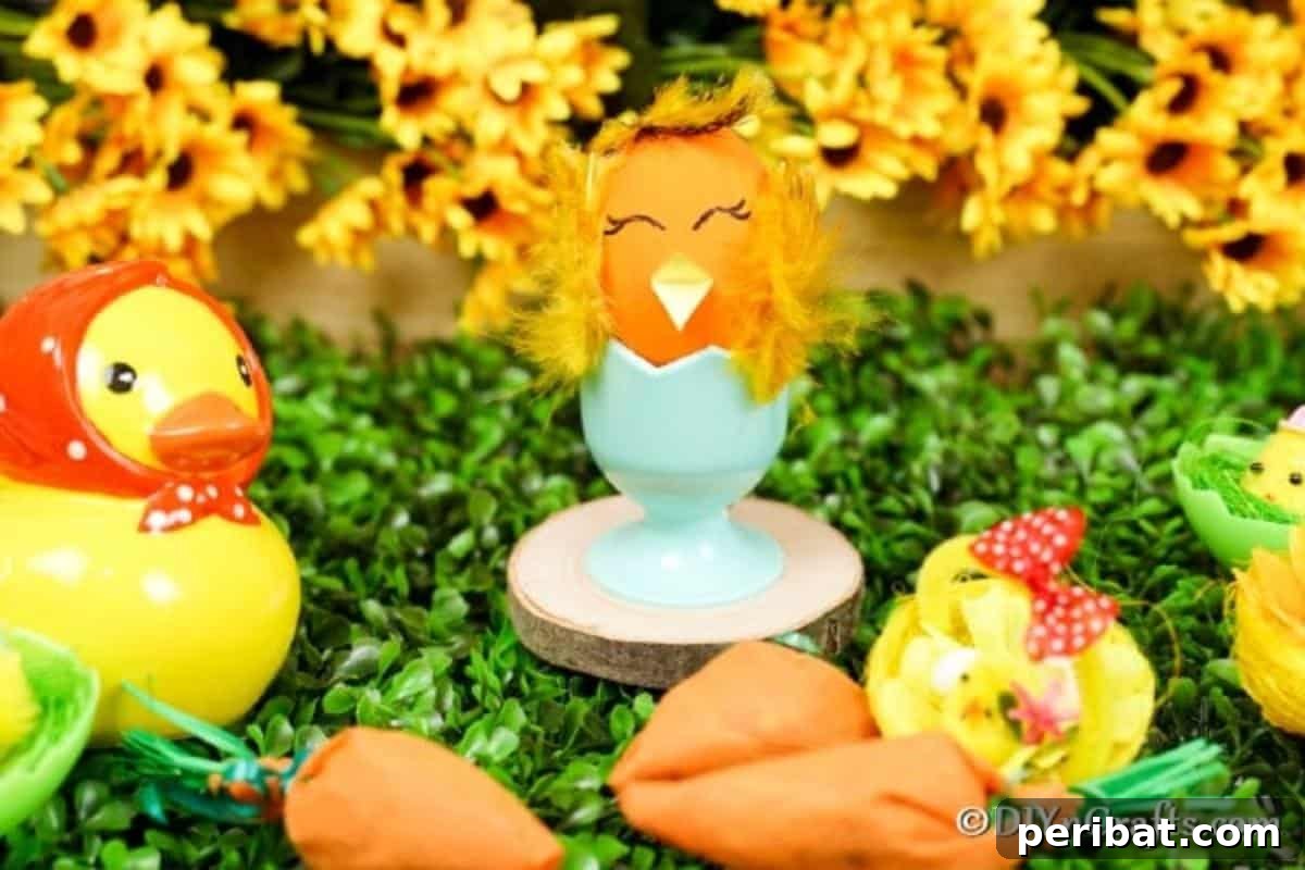Craft Adorable Easter Egg Chickens A Step by Step Video Guide 6 A completed Easter egg chicken craft placed on a wood slice amidst green grass, showcasing its adorable details